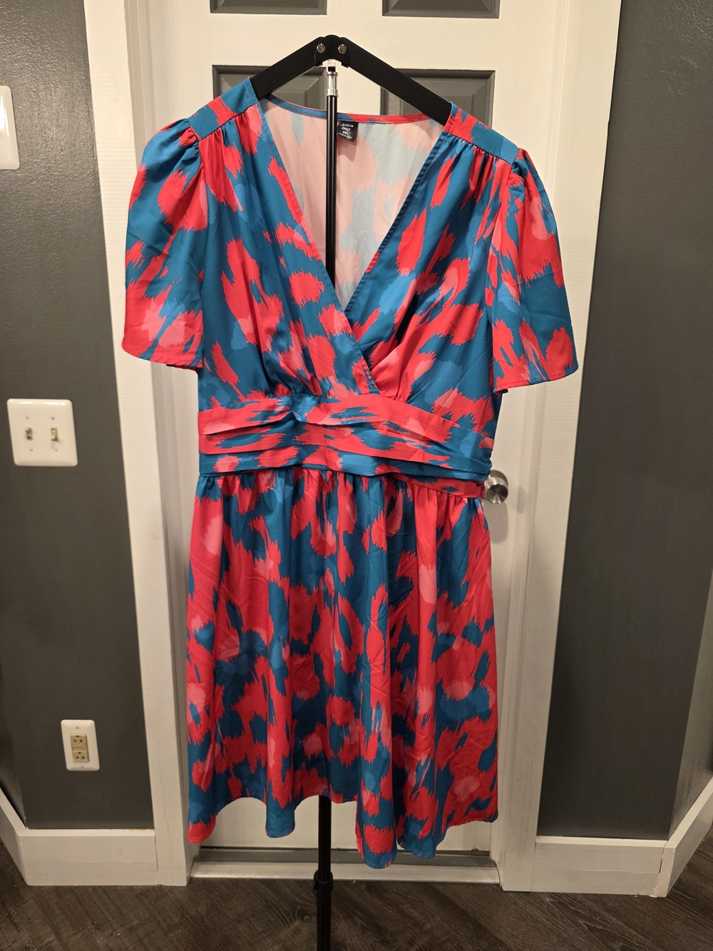 SHEIN Pink and Teal V-Neck Wrap Midi Dress